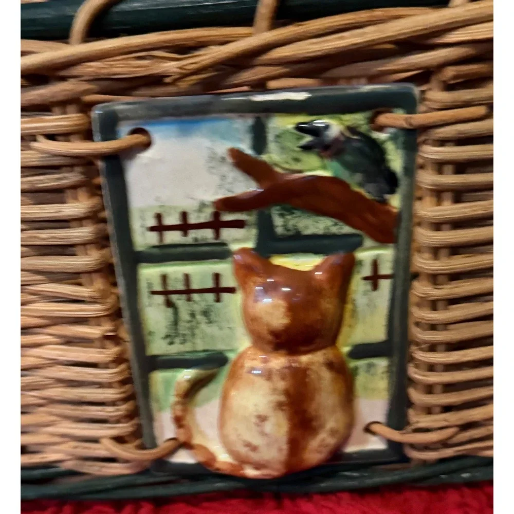 Vintage Wicker Wall Hanging Basket 3D Ceramic Cat and Floral Tiles Cottagecore